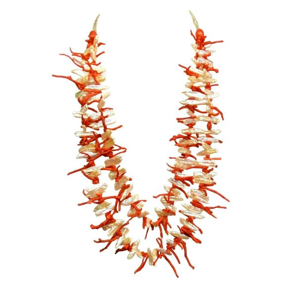 Orange Branch Coral Freshwater Pearl Necklace Double Strand Sterling Silver 32" - Picture 9 of 10